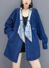 Camisas de otoño de manga larga con botones y bolsillos de mezclilla azul vintage con cuello en V